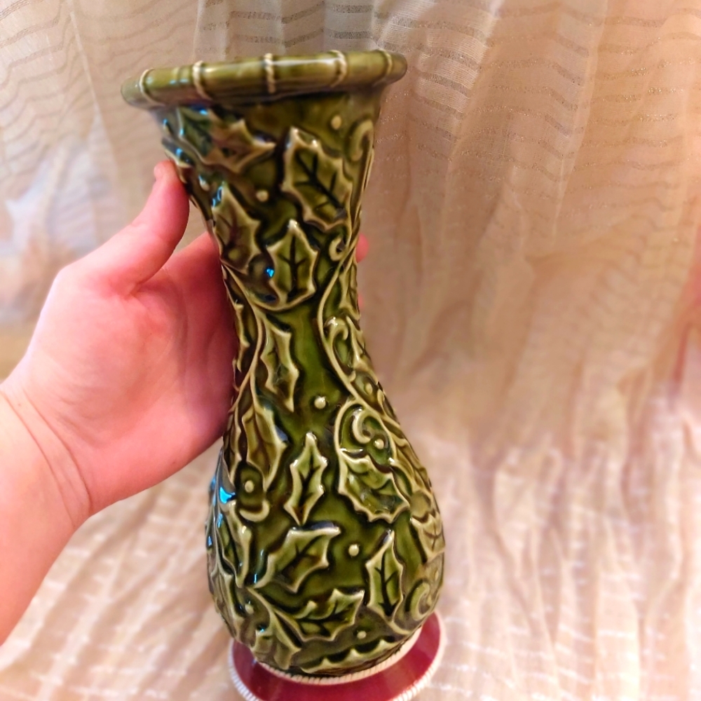 Holly patterned holiday vase